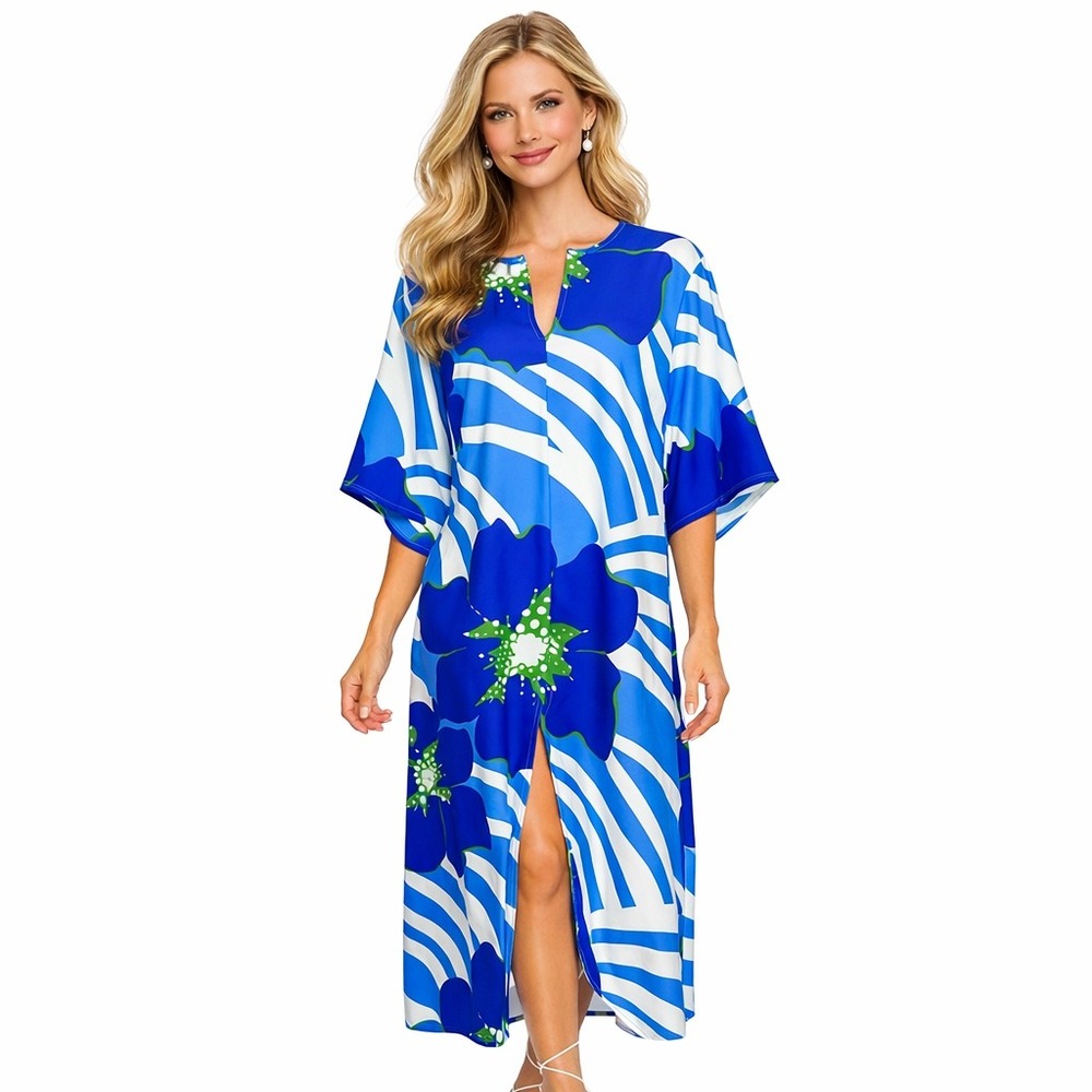 Jude Connally Blue Dress Tropical Floral Print Caftan Made in USA Size S